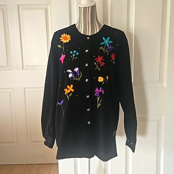 The Quacker Factory Women Flower Embroidered Black Shirt/Jacket Size L - Picture 1 of 15
